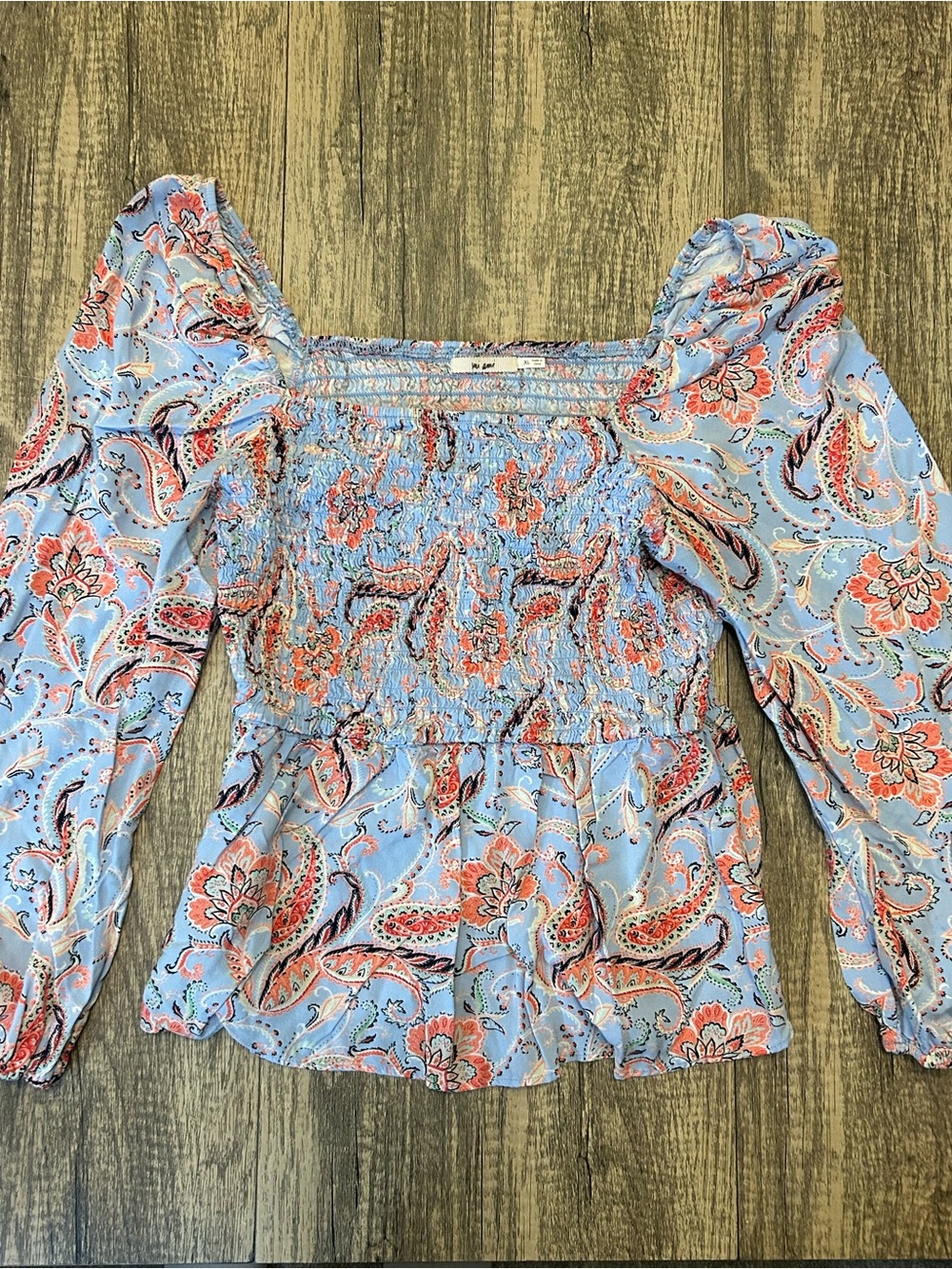 Mi Ami Boho Paisley Smocked Peplum Top Blue Coral Puff Sleeve XL